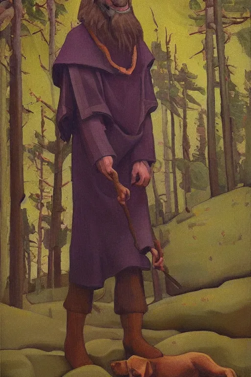 Prompt: slavic dog head man, woolen torso in medieval clothes, painting by nicholas roerich, walking in the forest, orthodox saint christopher, oil painting, painting by viktor vasnetsov, concept art, hyperrealism, beautiful, high resolution, trending on artstation,