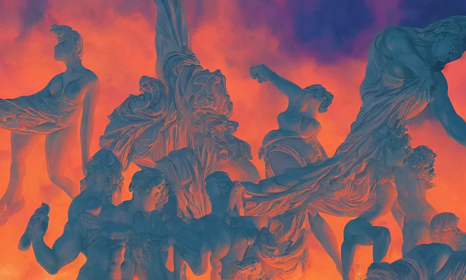Prompt: digital painting of people revering at the base of a greek sculpture a beautiful massive female statue surrounded by dreamy coral, sunrise in the metropolis, by syd mead and jack kirby, color scheme, kirby crackle, arik roper, concept art