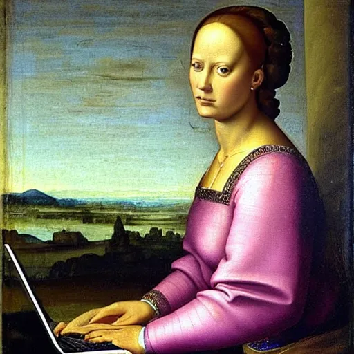 Prompt: Renaissance painting of a royal female cosmonaut using a computer