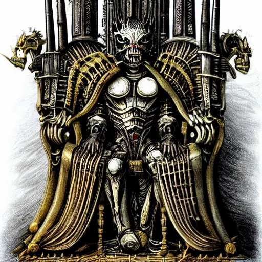 Image similar to Illustration by H.R Giger of The Emperor on his Golden Throne in a body horror style. Warhammer 40k