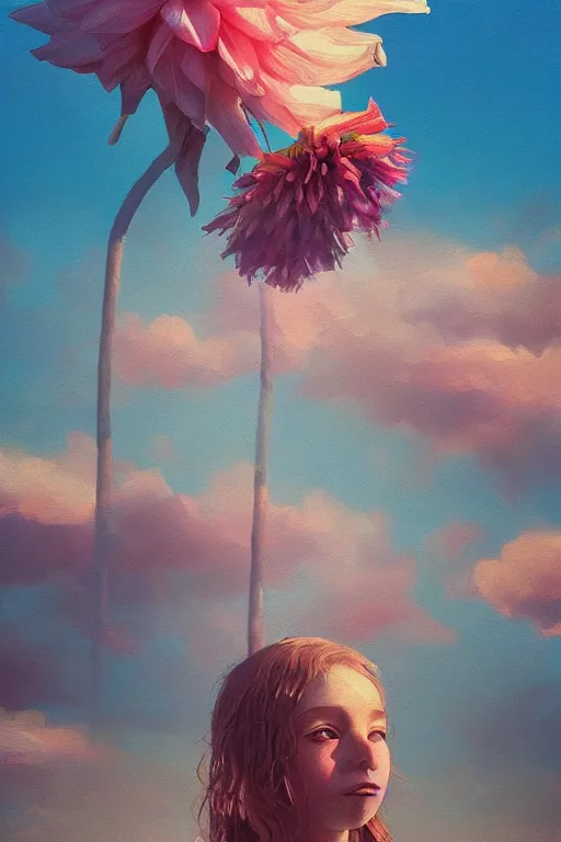 Image similar to closeup girl with huge dahlia flower face, on the beach, surreal photography, blue sky, sunrise, dramatic light, impressionist painting, digital painting, artstation, simon stalenhag