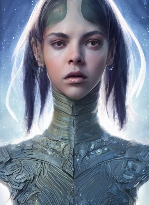 Image similar to a professional painting of a beautiful young female alien, clothed in ethereal armor, olive skin, long dark hair, beautiful bone structure, symmetrical facial features, intricate, elegant, digital painting, concept art, smooth, sharp focus, illustration, from Valerian and the City of a Thousand Planets, by Ruan Jia and Mandy Jurgens and Artgerm and William-Adolphe Bouguerea