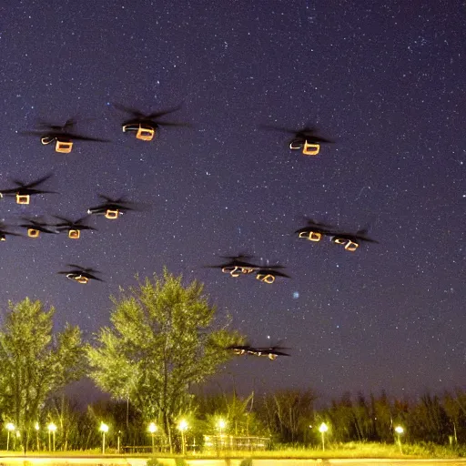 Prompt: Unidentified drones flying at night over trees, small town