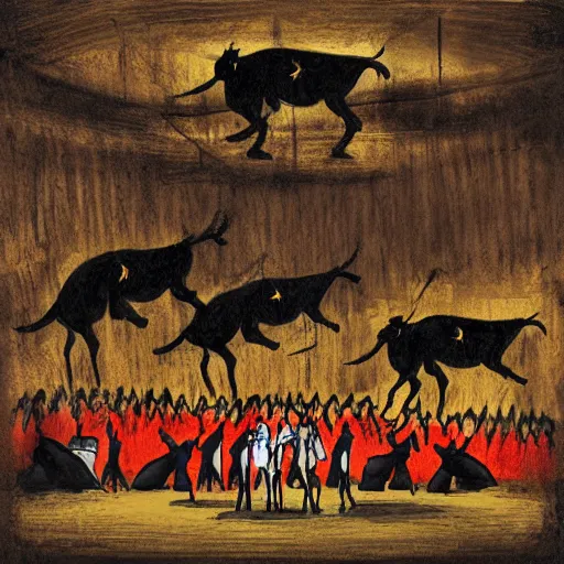 Image similar to ecstatic by alexander jansson dark black, ochre. a illustration of a bullfight in spain. the illustration is set in an arena with spectators in the stands. several figures in the illustration, including a matador & a bull.