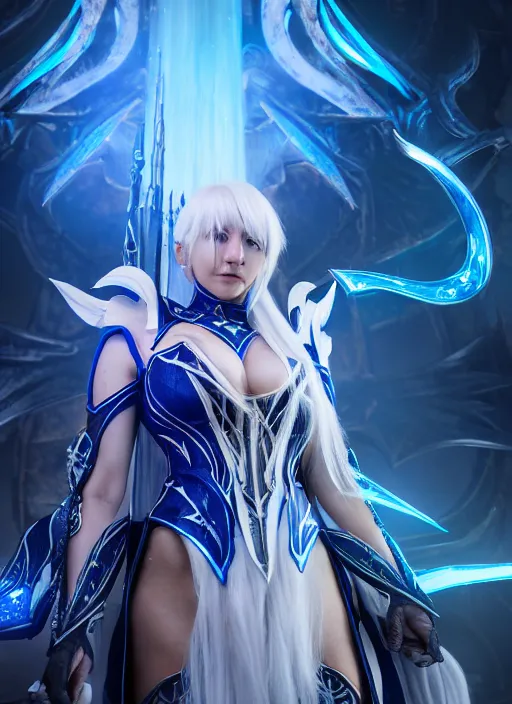 Prompt: photo of a sorceress near mage tower, warframe armor!!, fantasy, white hair, blue decorations, professionally color graded, interesting angle, sharp focus, 8 k high definition, insanely detailed, intricate, intelligent, art by akihiko yoshida and shirotaka