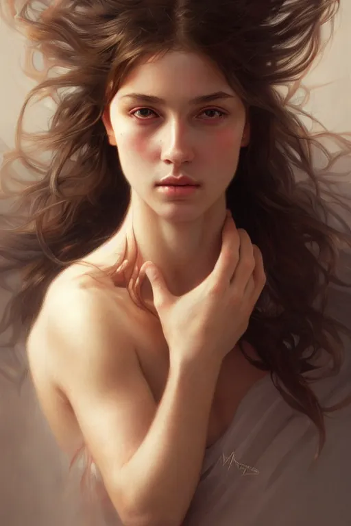 Prompt: photorealistic portrait of a young girl drinks monsyer energy, female, masculine, upper body, fantasy, fierce, sharp features, intricate, elegant, highly detailed, digital painting, artstation, concept art, matte, sharp focus, illustration, art by artgerm and greg rutkowski and alphonse mucha