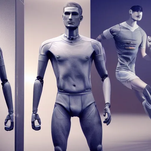 Image similar to a realistic detailed photo of a guy who is an attractive humanoid who is half robot and half humanoid, who is a male android, attractive and handsome soccer players, shiny skin, posing like a statue, blank stare, in a factory, on display, showing off his muscles, wearing soccer shorts, side view, looking at each other mindlessly