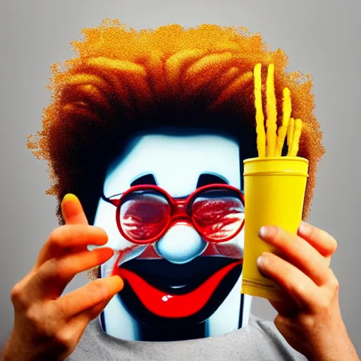 Prompt: “Ronald McDonald Peeking his head up out of a cup of McDonalds fries, 8k, ultra realistic”