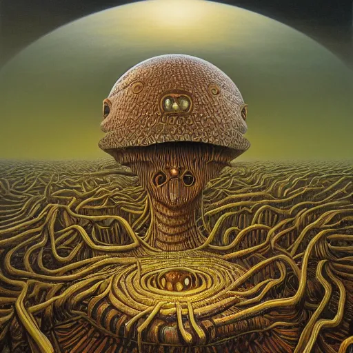 Image similar to her eyes wide by jacek yerka, alex gray, zdzisław beksiński, dariusz zawadzki, jeffrey smith and h.r. giger, oil on canvas, 8k highly professionally detailed, trending on artstation