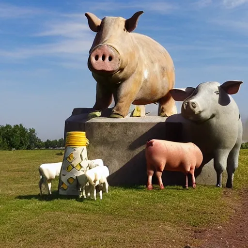 Image similar to statue of a pig, a cow, a horse, a chicken and a sheep