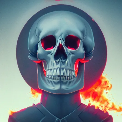 Prompt: A stunning profile of a symmetrical skull on fire Simon Stalenhag, Trending on Artstation, 8K