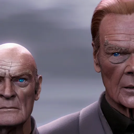 Image similar to artstation trending elden ring mod, now with roger moore, peter serafinowicz and sean connery 8k unreal astonishing render