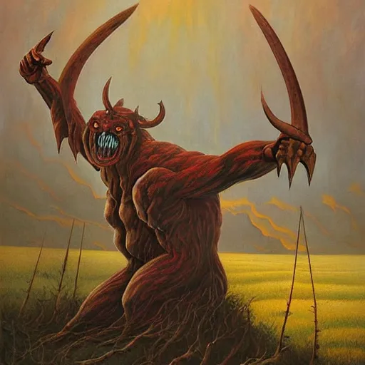 Image similar to composed, offhand by jacek yerka, by jeffrey t. larson. land art. a large, muscular demon - like creature with wings, standing in a dark, hellish landscape. the creature has red eyes & sharp teeth, & is holding a large sword in one hand.