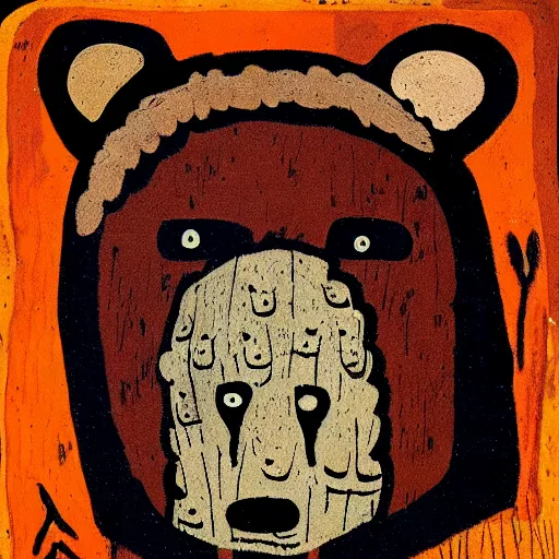 Image similar to shaman in a bear mask, paleolithic cave painting