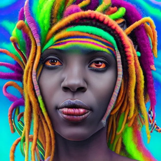 Image similar to a wide angle shot of a black girl with colorful dreadlocks in a field of candy, by Adi granov and afarin sajedi and amanda sage and evgeni gordiets and Agostino Arrivabene and adonna khare in a psychedelic portrait style, ultrarealistic matte painting, volumetric lighting, fractal, extremely symmetrical, highly detailed face, orisha, 8k, hd