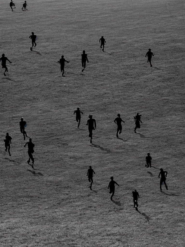 Prompt: field with human silhouettes running, black and white