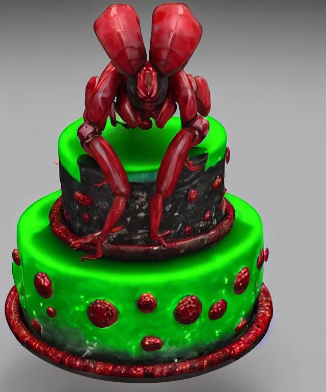 Prompt: green scorpion with translucent red joints, on a wedding cake, unreal engine, ultra realistic, 8 k
