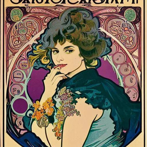 Image similar to a vintage poster with border of a Caucasian fortune teller lady with curly hair, a spread of tarot cards on a table, cats on her side, in a colorful tent, Alphonse Mucha poster ,