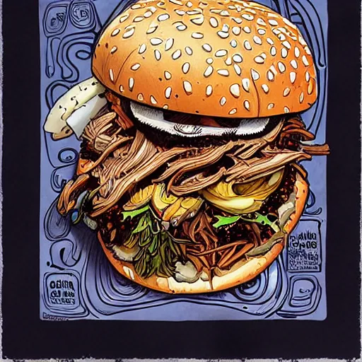 Image similar to pulled pork sandwich, artwork of joe fenton