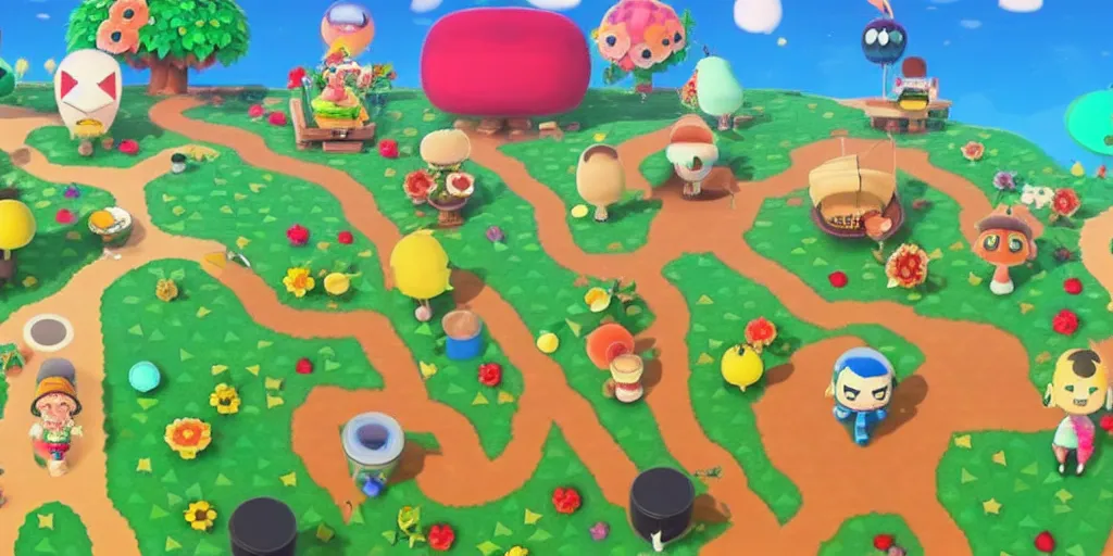 Image similar to screenshot of a Katamari rolling up an Animal Crossing island