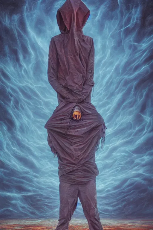 Image similar to dark hooded wraith, standing in front of hyper dimension portal into another realm, epic surrealism 8k oil painting, perspective, high definition, post modernist layering, by Sean Yoro, Peter Kemp