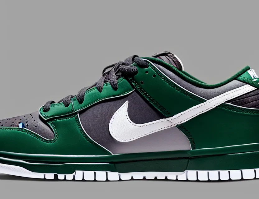 Prompt: a press photograph of nike dunk low pine green and white, size 1 0, white background