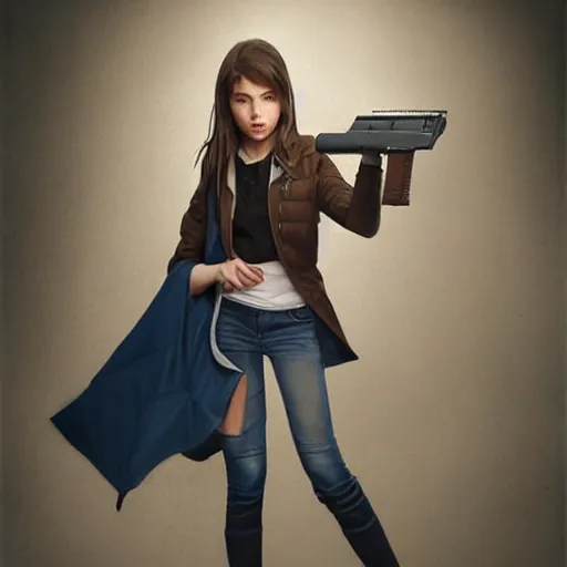 Image similar to portrait of a brunette thin teenager girl with blue eyes wearing school, uniform aims a gun, light stubble, digital art,photorealistoc,art by greg rutkowski,hyperdetailed,western comic style,comic,comic style,sharp lineart,professional lighting,deviantart,artstation,trevor henderson,rossdtaws,cinematic,dramatic