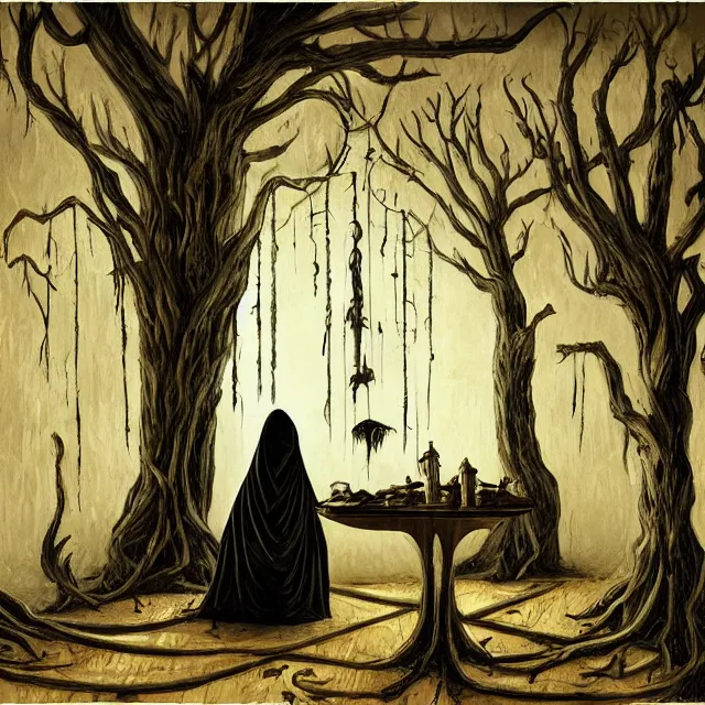 Image similar to a strange creature in dining room, haunted house, rhads!, strange trees and clouds, a hooded figure, a fierce woman, ( h. r. giger )