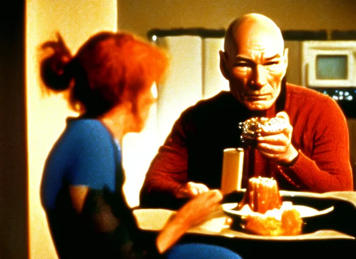 Image similar to a scene from a 1 9 8 2 s halloween iii, patrick stewart is eating from a can of beans, vhs distortion, cathode ray tube distortion, folk horror, hauntology, 8 k, 8 5 mm f 1. 8, studio lighting, rim light, right side key light