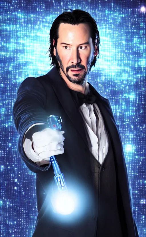 Image similar to portrait of Keanu reeves as 10th Doctor Who in the TARDIS with sonic screwdriver, Photo, High details, 8k, DSLR, long shot