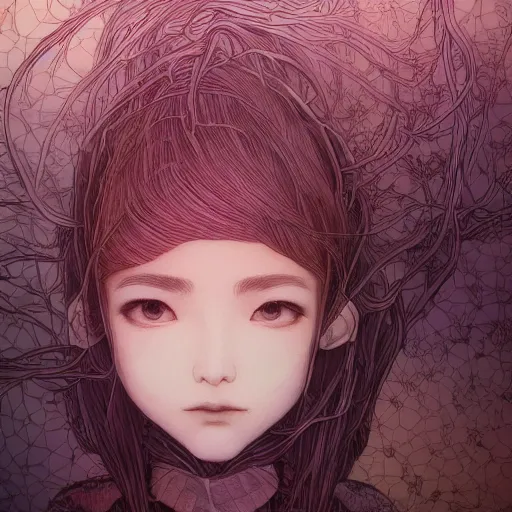 Image similar to the head of an unbelievably elegant and cute japanese girl partially made of potatoes roots and violets, an ultrafine detailed illustration by james jean, final fantasy, intricate linework, bright colors, behance contest winner, vanitas, angular, altermodern, unreal engine 5 highly rendered, global illumination, radiant light, detailed and intricate environment