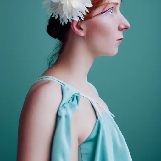 Prompt: a photograph of beautiful nordic woman wearing a white folkdrakt dress, she has a summer flower headband. against a teal studio backdrop. close - up. strong kodak portra 4 0 0 film look. film grain.