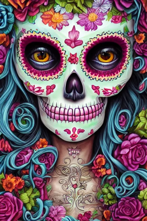 Image similar to illustration of a sugar skull day of the dead girl, art by naoto hattori