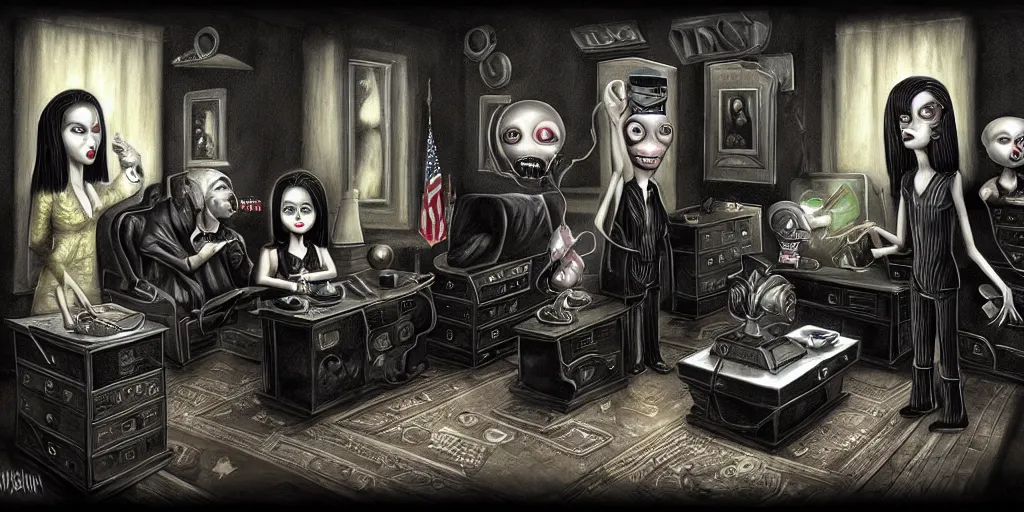 Image similar to aliens in black handing over artifacts and technology to a politician, inspired by mark ryden, concept art, digital art