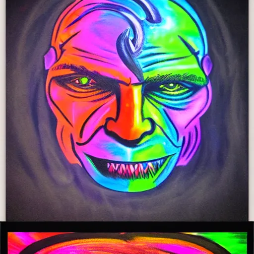 Image similar to psychedelic blacklight airbrush art of an orc riding a motorcycle