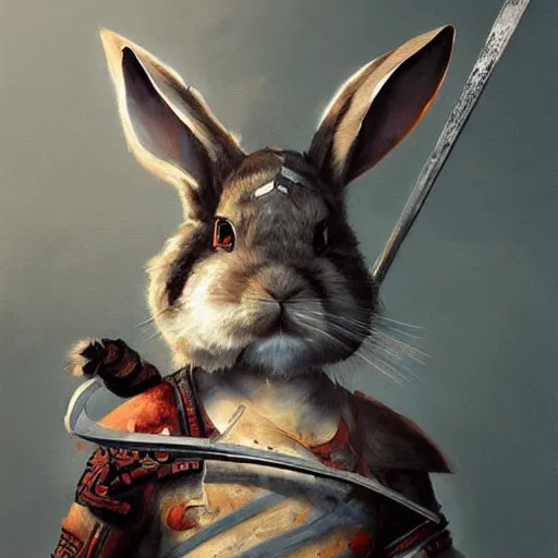 Image similar to anthropomorphic rabbit ancient warrior - swordsman, brush strokes, oil painting, greg rutkowski