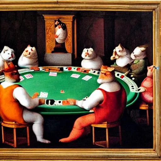 Prompt: fat cats playing poker, renaissance painting