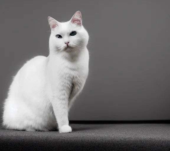 Image similar to a cute white oriental short-haired cat standing on comfy black and white pillows, photograph, 4k, HD