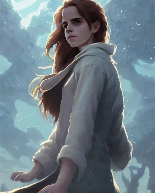 Image similar to Emma Watson as Hermione Granger, magnificent, medium shot, close up, details, sharp focus, elegant, highly detailed, illustration, by Jordan Grimmer and greg rutkowski and PiNe(パイネ) and 薯子Imoko and 香川悠作 and wlop and maya takamura, intricate, beautiful, Trending artstation, pixiv, digital Art