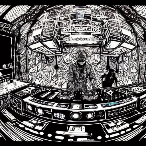 Prompt: intricate detailed artwork of a futuristic hardstyle music dj at an festival indoor rave, stage, in the style of Geof Darrow, VR headset, wires, speakers, neon