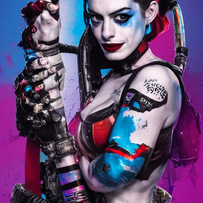 Image similar to portrait of Anne Hathaway as a harley quinn in Suicide Squad. intricate abstract. intricate artwork. by Tooth Wu, wlop, beeple, dan mumford. octane render, trending on artstation, greg rutkowski very coherent symmetrical artwork. cinematic, hyper realism, high detail, octane render, 8k, iridescent accents