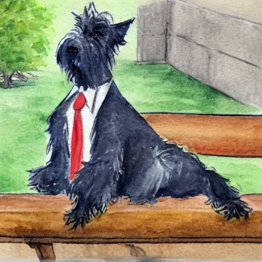 Image similar to a carin terrier wearing a suit, sitting on a park bench in central park, watercolor