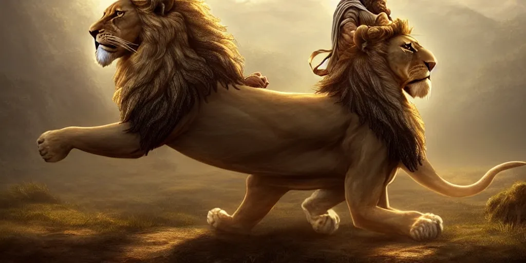 Image similar to a man riding a lion : : a hooded wise old man ( long white beard wearing a brown hooded tunic ) riding a lion, majestic, epic digital art, cinematic, trending on artstation, superb detail 8 k, wide - angle, masterpiece
