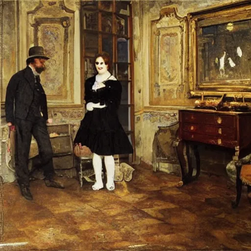 Image similar to a man and a woman solving an escape room puzzle alfred stevens