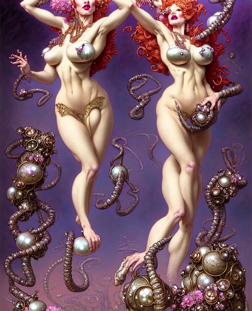 Prompt: beautiful burlesque dancer fantasy character portrait, ultra realistic, intricate details, the fifth element artifacts, highly detailed by peter mohrbacher, hajime sorayama, wayne barlowe, boris vallejo, aaron horkey, gaston bussiere, craig mullins alphonse mucha, art nouveau curves swirls and spirals, doves flowers pearls beads crystals jewelry goldchains scattered