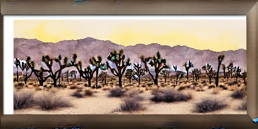 Image similar to hyper detailed Joshua tree desert watercolor painting, boho, mid century, modern, beige and Grey sunset, finely detailed, hd, 8k minimalism, edge to edge, 8k