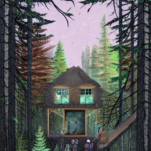 Prompt: a house with a facade full of holes, lush canadian forest in the background, childrens book art, trending on artstation, illustration