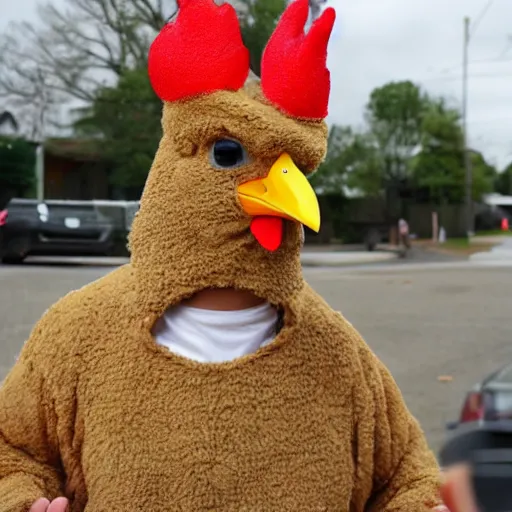 Prompt: he's wearing a chicken costume, i think