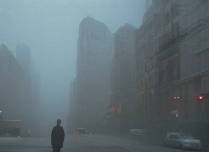 Image similar to film footage of giant michael j. fox in a foggy city, eerie, monster movie, 8 k, 8 5 mm