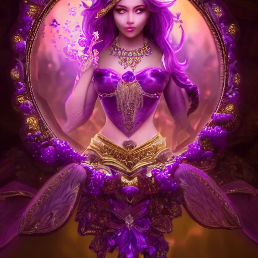 Image similar to portrait princess of amethyst, glowing, ornate and intricate purple jewelry, jaw dropping beauty, glowing background lighting, purple accent lighting, hyper detailed, fairy tale, 4 k octane render